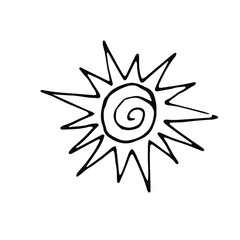 Drawing of the sun. Symbol of the sunny weather. vector hand drawn illustration in the style of a doodle