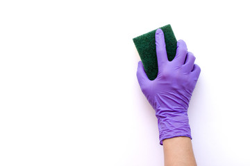 Closeup hand with glove holding  sponge for cleaning scrub isolated on white background with clipping path.
