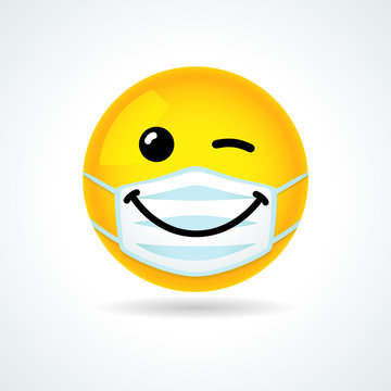 Emoji Smile Face With Guard Mouth Mask. Yellow Winking Emoticon Wearing A White Surgical Mask. Vector Wink Icon