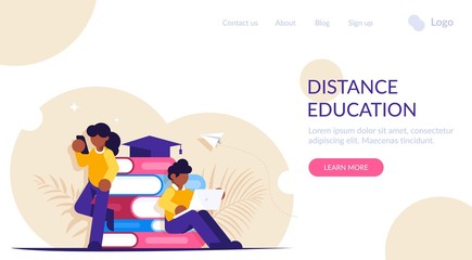 Online education. Students view lessons through mobile devices during distance learning. Modern flat vector illustration.