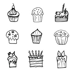 Cute doodle cake icons. Cake, cupcake, cake, coolie. Drawings for cafe menu, stickers, design. Isolated on white background