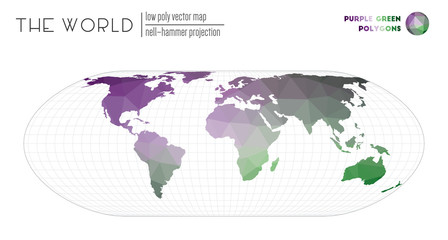 Triangular mesh of the world. Nell-Hammer projection of the world. Purple Green colored polygons. Contemporary vector illustration.
