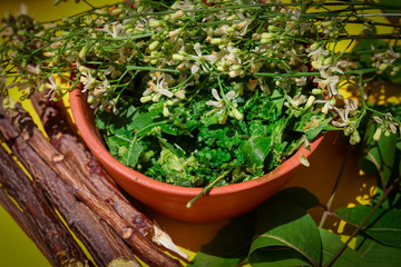 yellow background with neem flowers and leafs,nim paste or leaves and flowers beautiful view, selective focus