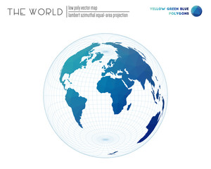 Polygonal world map. Lambert azimuthal equal-area projection of the world. Yellow, green, and blue colored polygons. Awesome vector illustration.