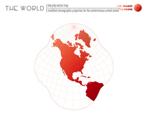 World map with vibrant triangles. Modified stereographic projection for the conterminous United States of the world. Red Shades colored polygons. Awesome vector illustration.