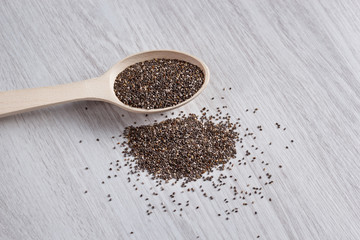 chia grains on a wooden spoon