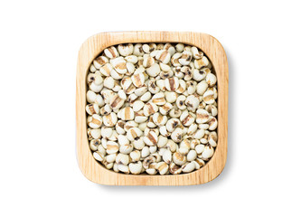 Closeup white Job's tears ( Adlay millet or pearl millet ) in wooden bowl isolated on white background with clipping path,Top view. Flat lay.
