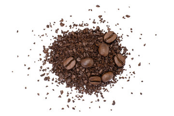 Heap of instant granules coffee with  roasted coffe bean isolated on white background. Top view. Flat lay.