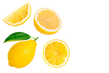 lemon lime fruit with slice isolated on white background. Top view. Flat lay.