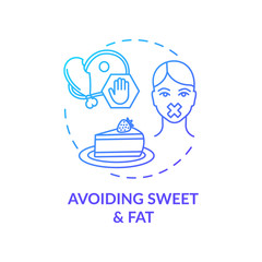 Avoiding sweet and fat blue concept icon. Stop unhealthy eating. No cholesterol. Diabetes precaution. Healthy diet idea thin line illustration. Vector isolated outline RGB color drawing