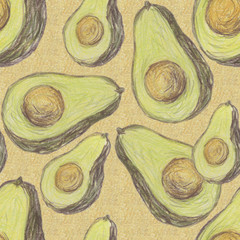 Obraz premium Hand drawn crayon seamless pattern with green avocados on light brown background with colored pencil strokes,ideal for kitchen designs, fabric prints, food wallpaper, wrapping paper about healthy diet