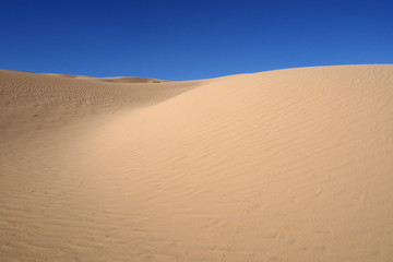 Fototapeta na wymiar The orange sandy dunes with the trace chain and the blue sky
