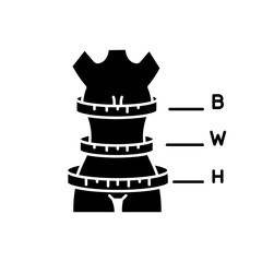 Woman body proportions black glyph icon. Female measurements, bespoke clothing size specification silhouette symbol on white space. Bust, waist and hips circumferences. Vector isolated illustration
