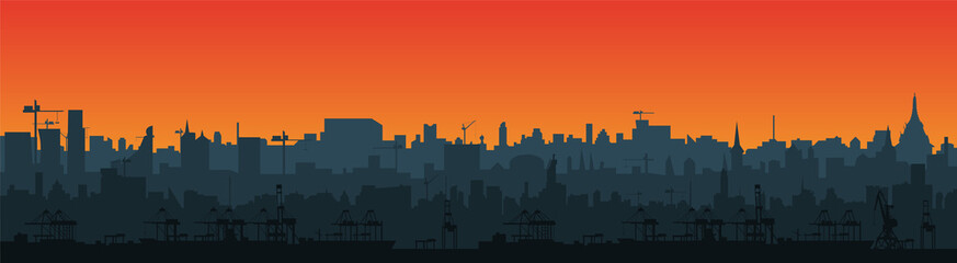 Long city skyline silhouette in a flat style for the footer. Modern cityscape and cargo port with cranes. Layers for parallax.  Vector EPS10. © Vladimir Kazakov