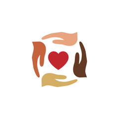 Human hand, palm with heart different races in circle colorful vector illustration. Volunteer, charity help concept.