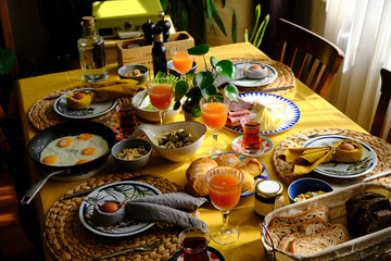 Easter breakfast. Cosy home environment. Warm breakfast table.