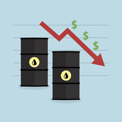 Oil price downtrend. Oil barrels and price decrease. Flat oil crisis illustration.