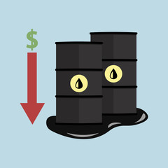 Oil prices decrease. Petroleum industry crisis. Oil barrels, spilled oil and price drop.
