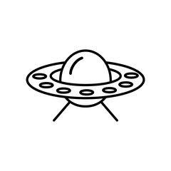 Flying Ufo line icon isolated on white background. Alien space ship. Futuristic unknown flying object. Spaceship vector illustration. World UFO day design.