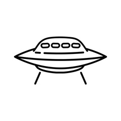 Flying Ufo line icon isolated on white background. Alien space ship. Futuristic unknown flying object. Spaceship vector illustration. World UFO day design.