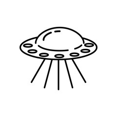 Flying Ufo line icon isolated on white background. Alien space ship. Futuristic unknown flying object. Spaceship vector illustration. World UFO day design.