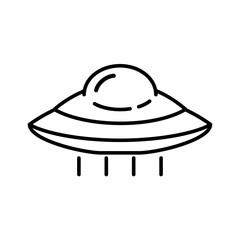Flying Ufo line icon isolated on white background. Alien space ship. Futuristic unknown flying object. Spaceship vector illustration. World UFO day design.