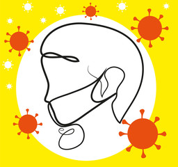 One continuous line drawing of woman wearing medical face mask against coronavirus.
Woman wearing mask for coronavirus.