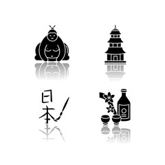 Fototapeta na wymiar Japan drop shadow black glyph icons set. Sumo fighter. Shintoism temple. Asian calligraphy. Sake, alcohol drink. Traditional japanese attributes. Isolated vector illustrations on white space