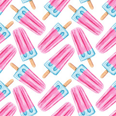 Seamless pattern with watercolor ice cream. Bright Sweets for Birthday postcard, Greeting card. Background  for holiday and party. Textile print. Artistic design with food  for cafe. Freehand drawing
