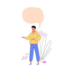 Cartoon man talking with empty bubble speech template floating above