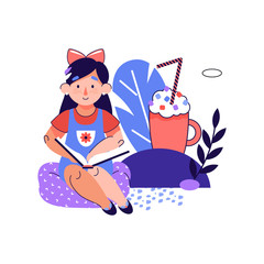 Child girl reading a book outdoor with plant leaves and milkshake