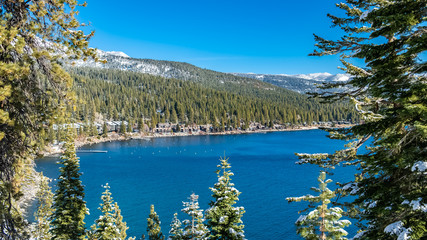 The Lake Tahoe, panorama of the Emerald Bay in winter, sunny day
