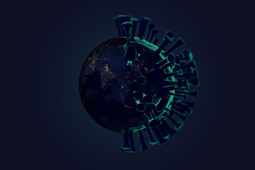 3D-Illustration of the planet earth globe, attacked by the Coronavirus COVID-19
