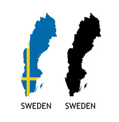 Silhouette of Sweden black color and colored in National Flag - Vector illustrations isolated on white