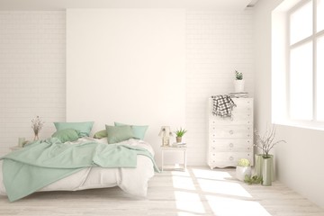 Obraz premium White bedroom interior. Scandinavian design. 3D illustration