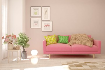 White living room with sofa. Scandinavian interior design. 3D illustration