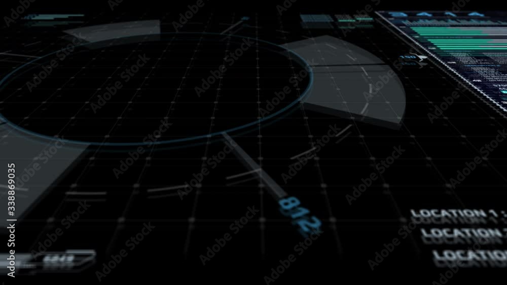 Poster HUD Virtual Interface Cyber Space Digital Data Analysis Panel. Perspective Dashboard View, Depth of Field Futuristic Element Motion Background.