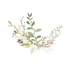 Hand drawing watercolor spring bouquet of wild flowers, branches and leaves. illustration isolated on white