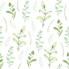 Hand drawing watercolor spring Pattern of wild leaves and branches. illustration isolated on white. Perfect for summer wedding invitation and card making