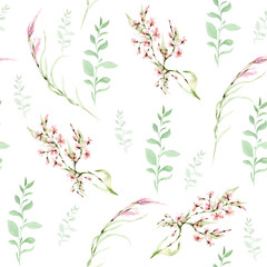 Hand drawing watercolor spring Pattern of wild flowers, leaves and branches. illustration isolated on white. Perfect for summer wedding invitation and card making