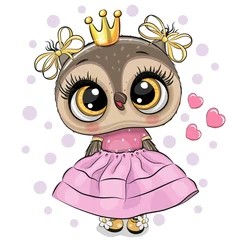 Stickers muraux Chouette Cartoon Owl Princess dans une robe rose avec des coeurs isolés sur fond blanc
