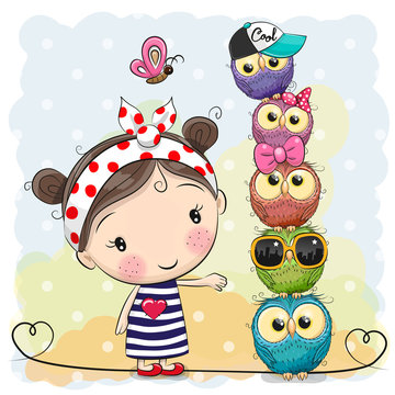 Cute Cartoon Girl and owls on a blue background