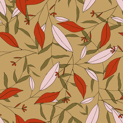 Vintage green and red background.  Hand drawn vector illustration. Botanical motifs. Isolated seamless flower pattern.