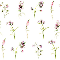 Hand drawing watercolor spring Pattern of wild flowers, leaves and branches. illustration isolated on white. Perfect for summer wedding invitation and card making