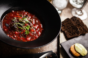 Beetroot soup served in a bowl in restaurant