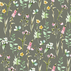 Hand drawing watercolor spring Pattern of wild leaves, flowers and branches. Perfect for summer wedding invitation and card making