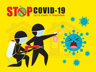Stick figure man in medical face mask  spray cleaning & disinfecting coronavirus, Covid-19. Prevention controlling epidemic of coronavirus vector illustration. Disinfection services concept poster.