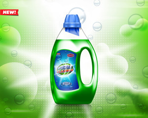 Laundry detergent bottle on shiny green background. Best for production, packaging and advertising design uses.
