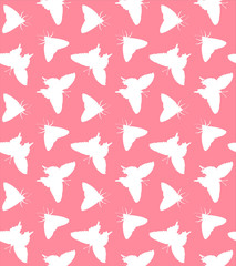 Obraz na płótnie Canvas Vector seamless pattern of white sketch butterfly and moth silhouette isolated on pink background