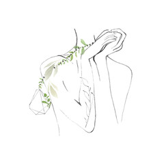  Hand drawing watercolor slim naked woman with contour lines and green leaves and branches.